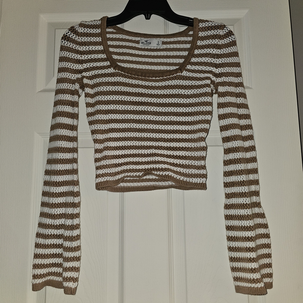 Hollister Y2K CRochet Crop Top Sweater Striped Brown and White Knit Size Small